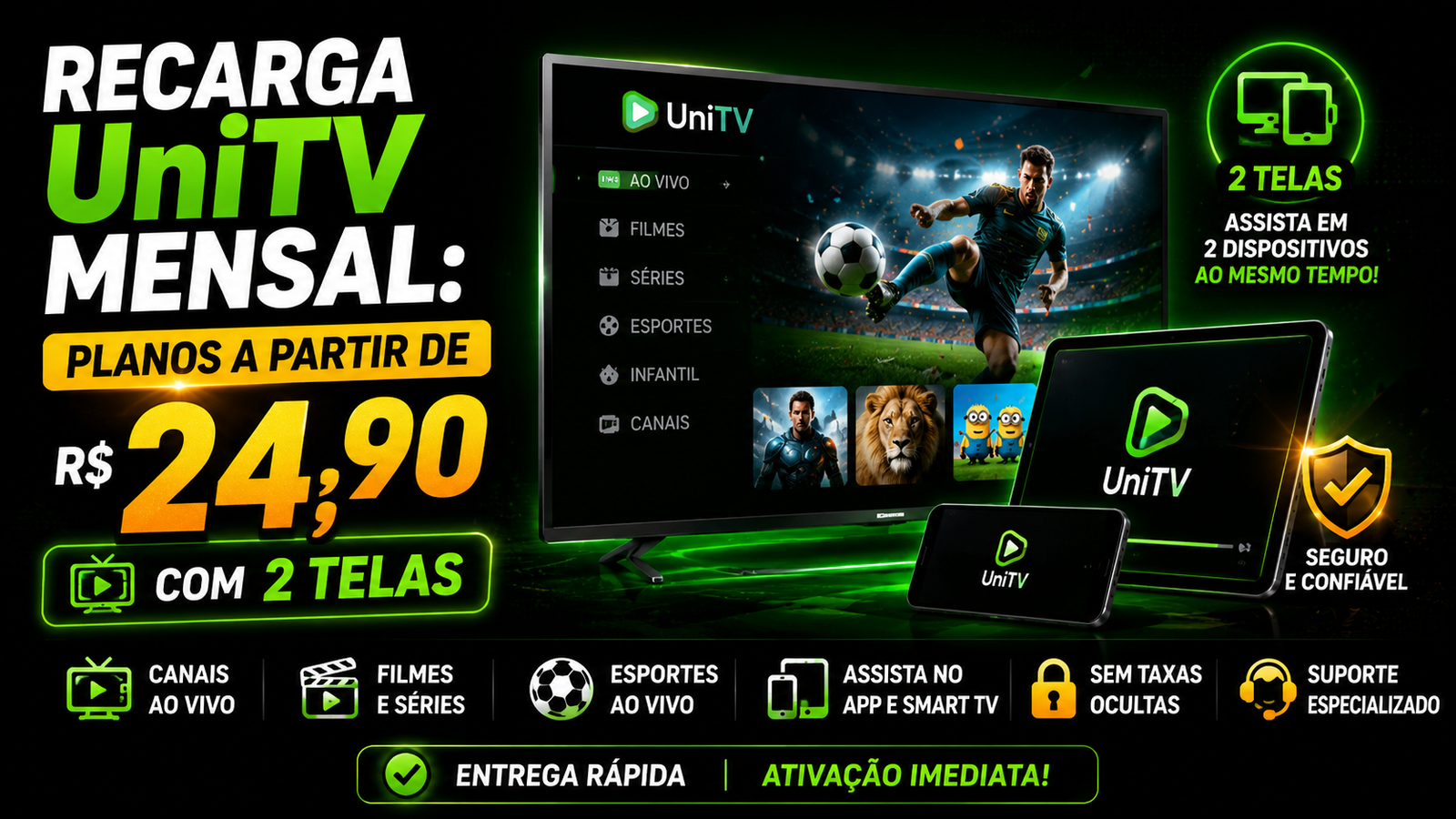 Recarga UniTV mensal: planos a partir de R$ 24,90 com 2 telas